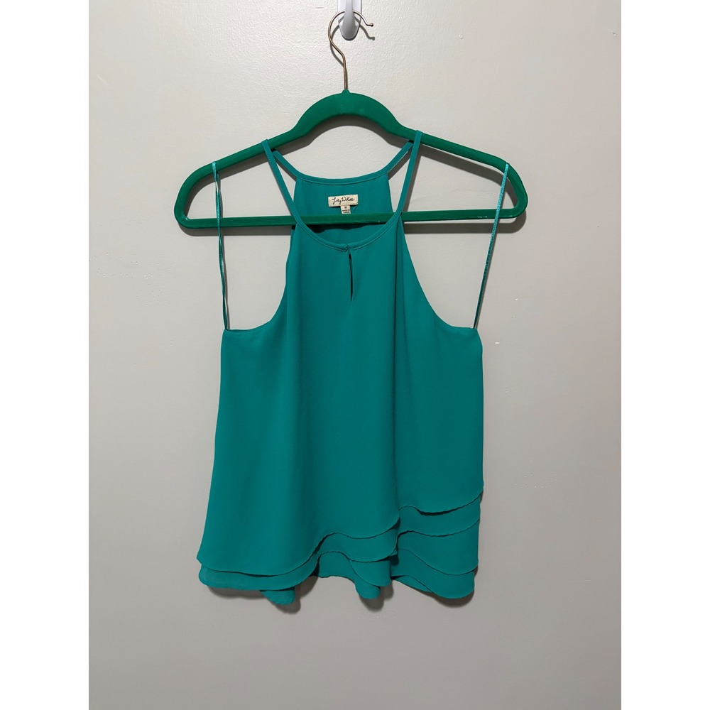 Lily White Teal Green Halter Neck Tiered Tank Top Blouse Medium